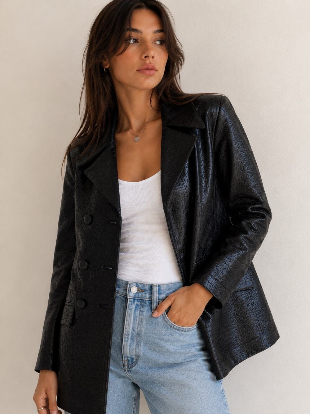 Vintage Y2K Gossip Special Division Black Leather Croc Embossed Jacket Size S